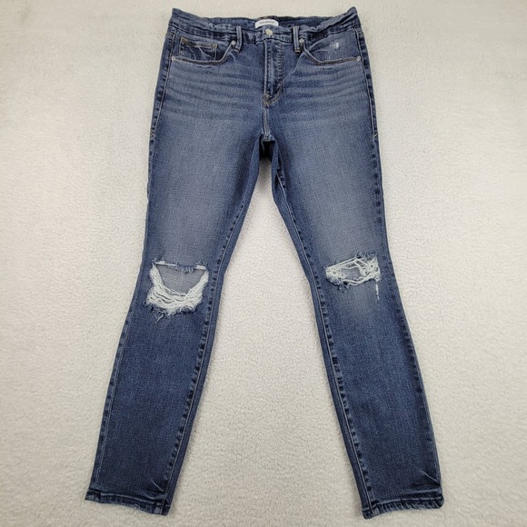 Good American Jeans Womens 12 Blue Good‎ Legs Crop Distressed Ripped Knee Denim - Picture 1 of 12